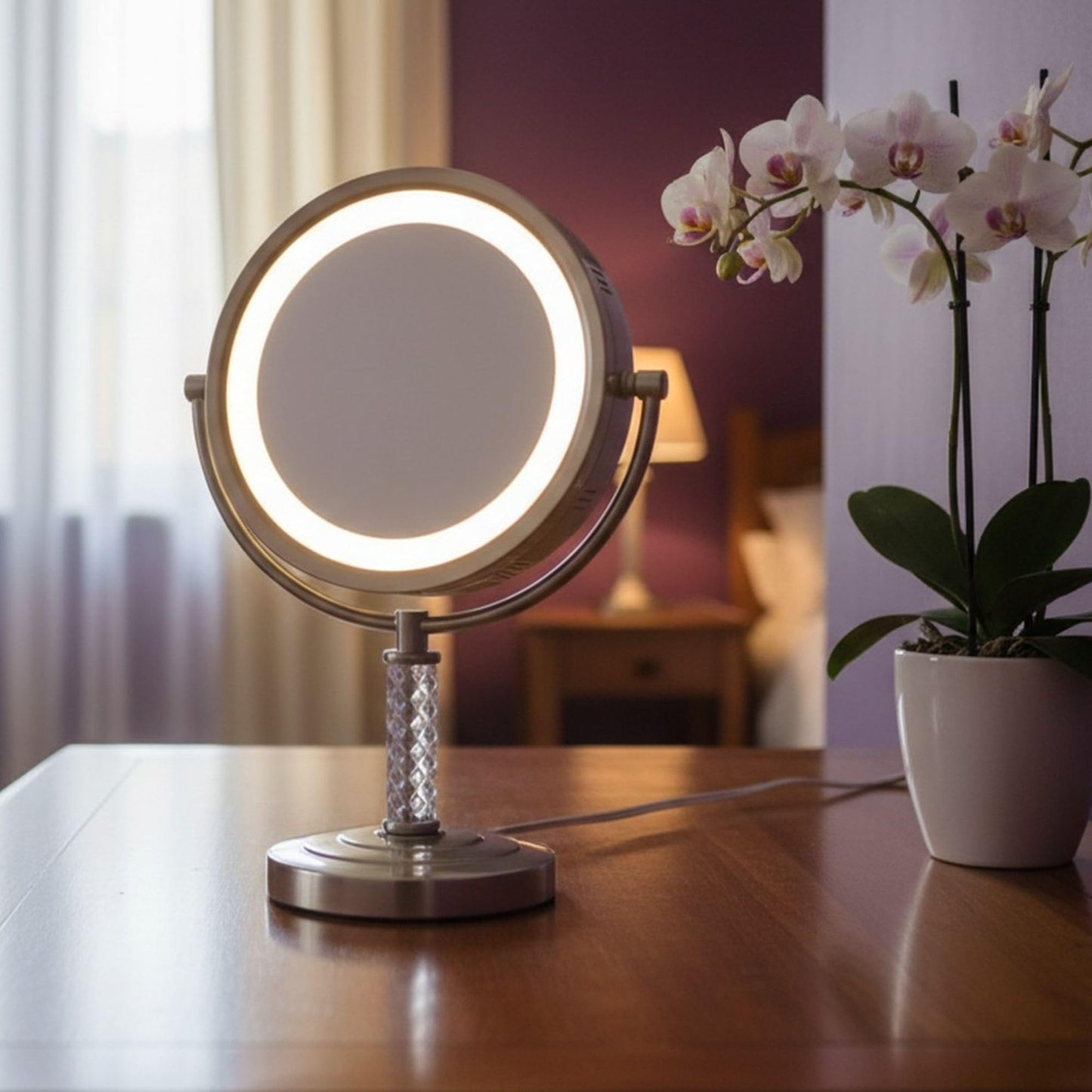 JERDON Lighted Makeup Mirror – 6X Magnifying Tabletop Vanity Mirror for Precision Makeup, Tweezing & Grooming – 8" Nickel Finish, 360° Swivel – Model HL856MNC