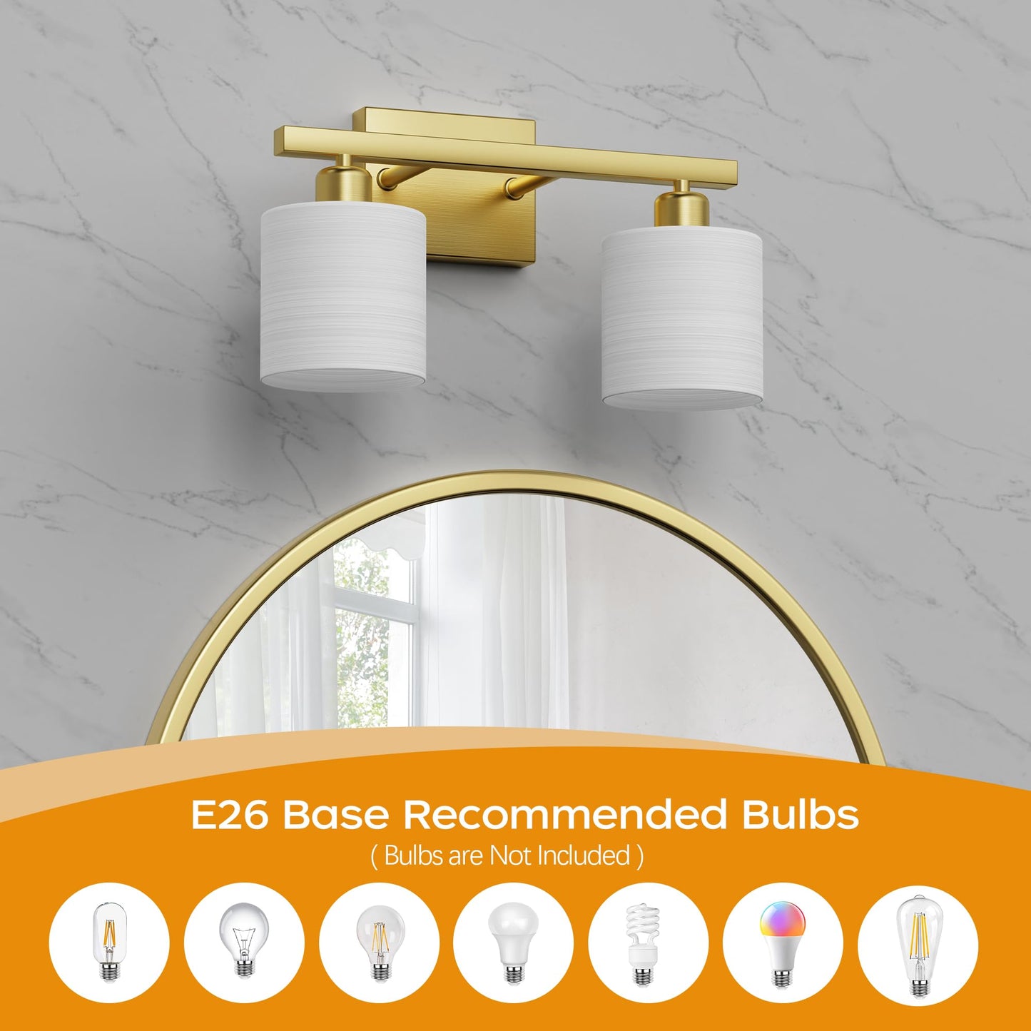 PARTPHONER Bathroom Light Fixtures, Bathroom Lighting Fixtures Over Mirror, Interior Classic Vanity Lights, Modern Vanity Light with Textured White Glass Shade, Brushed Gold, 2-Light