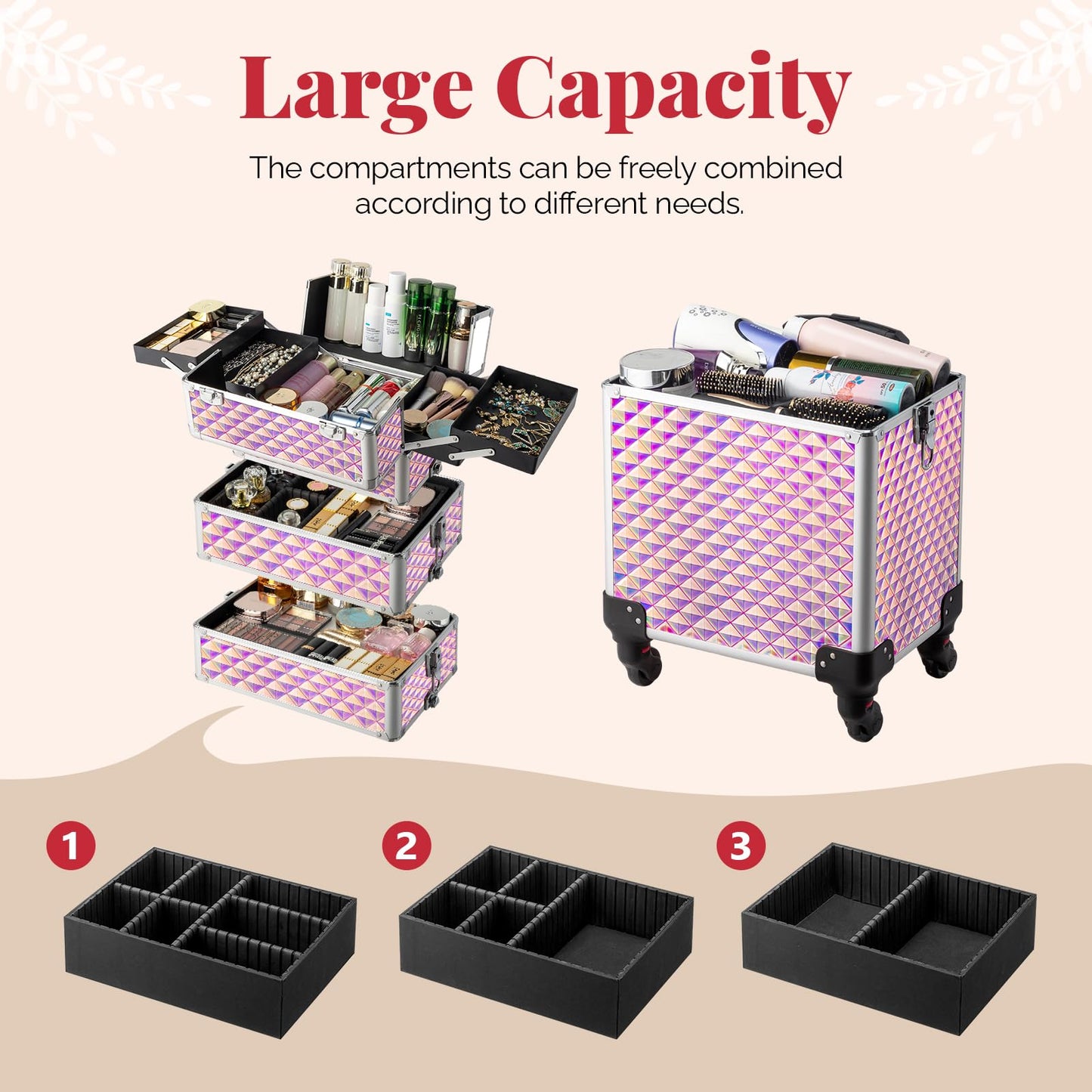 mefeir 4-in-1 Rolling Makeup Train Case Lift Handle,4 Removable Wheels Lockable Keys,Aluminum Cosmetic Trolley Beauty Stylist Artist Organizer Box,Ideal Xmas New Year Gift (Diamond Pink)