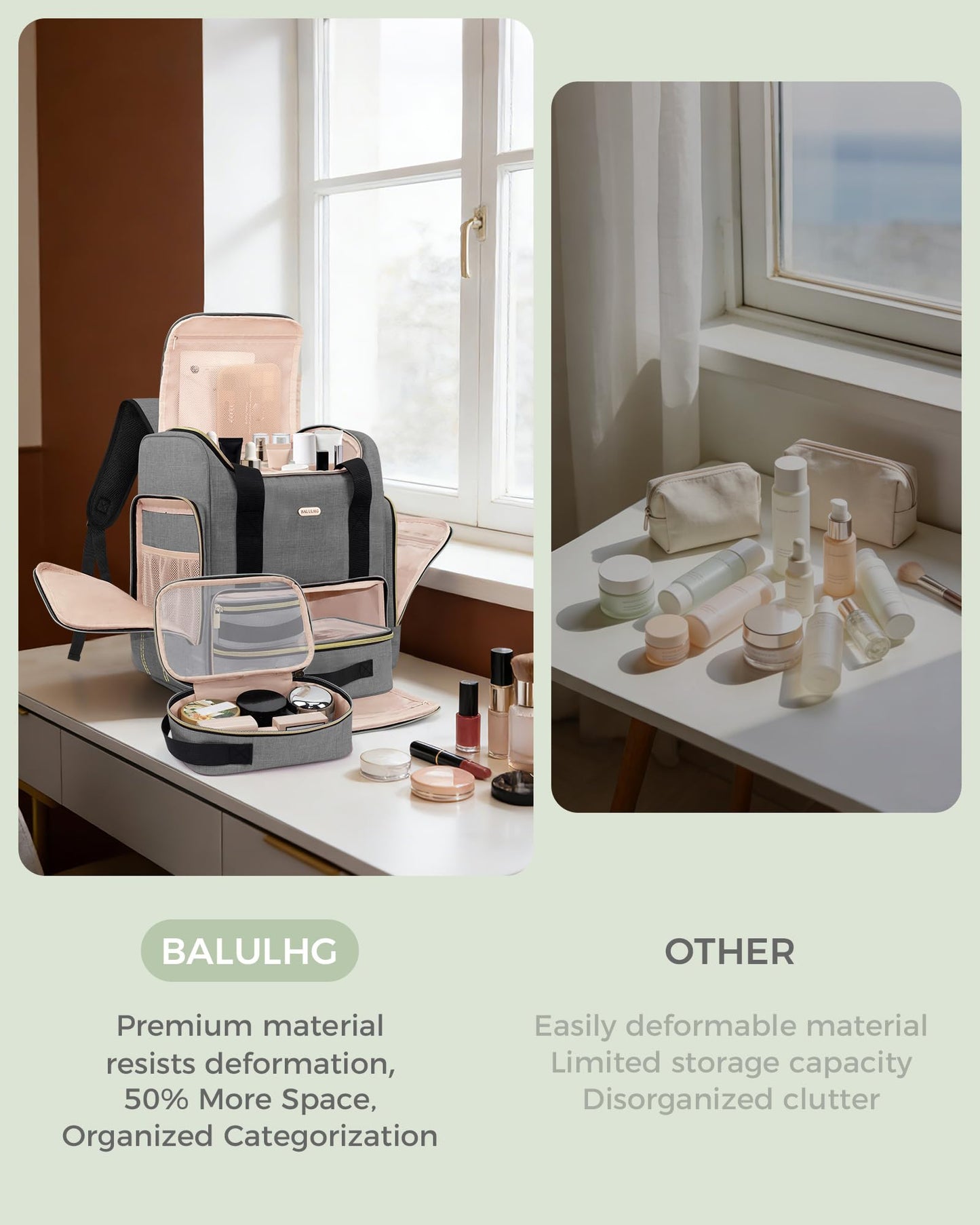 BALULHG Large Portable Travel Makeup Bag with 3 Removable Transparent Case, Dual-Shoulder Multi-Functional Cosmetic Bag,Double Layer Big Capacity Makeup Bag Backpack, Patent Pending
