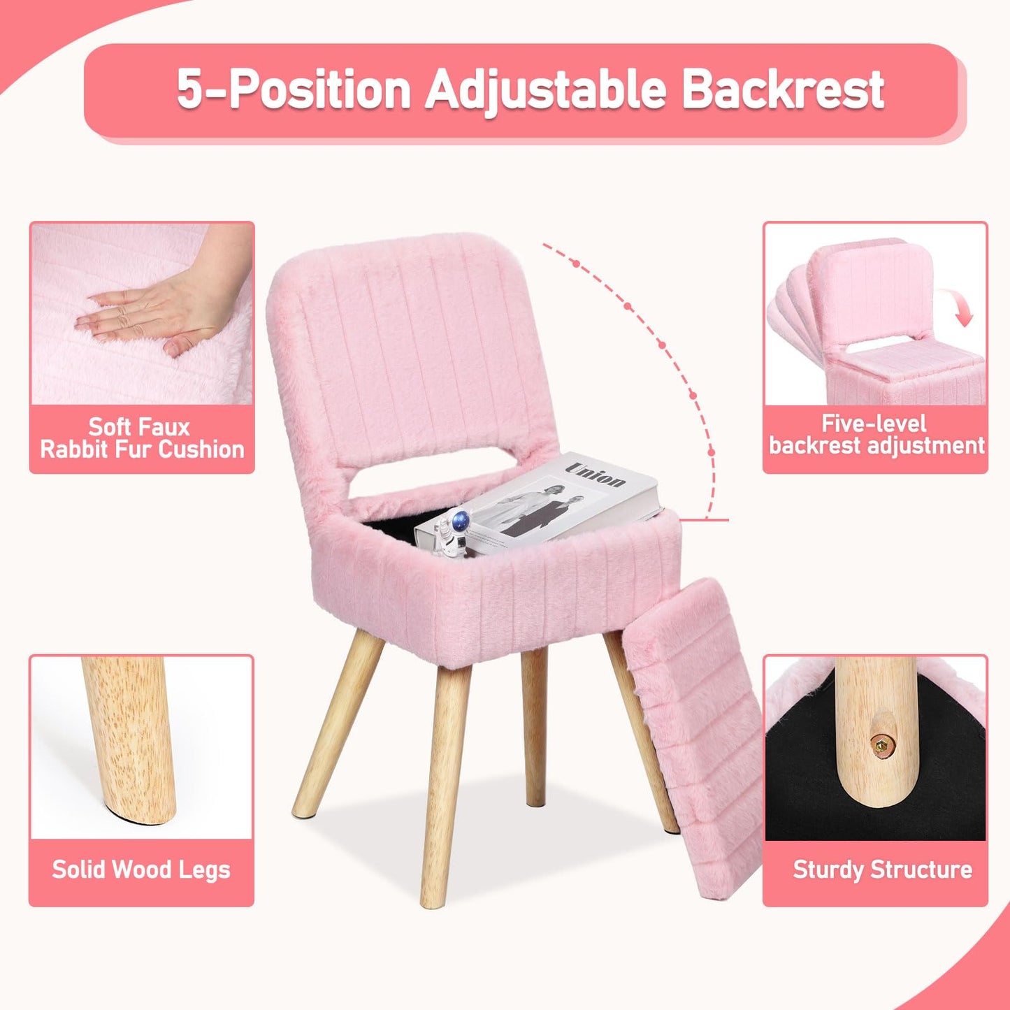 KANEODOT Vanity Stool with Storage & Folding Backrest,Faux Rabbit Fur Small Makeup Chair with 4 Solid Wood Legs,11.4" D x 14.9" W x 28.7" H,Soft Ottoman for Living Room,Bedroom,Closet,Pink