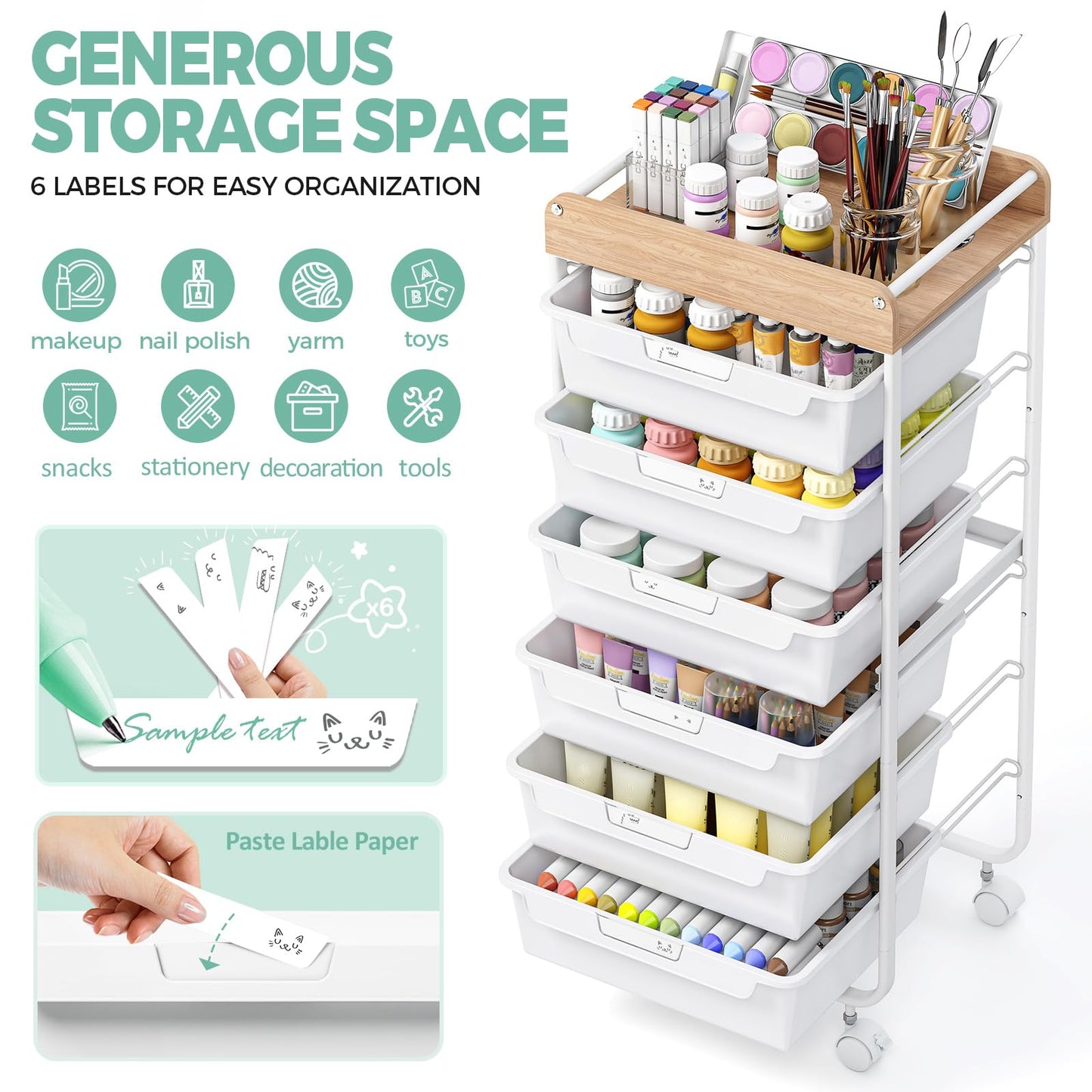 SYKIARIOL Rolling Cart with 6 Drawers,Utility Storage Cart with Drawers,Art Craft Organizers and Storage,Makeup Organizer with Wooden Tabletop,White