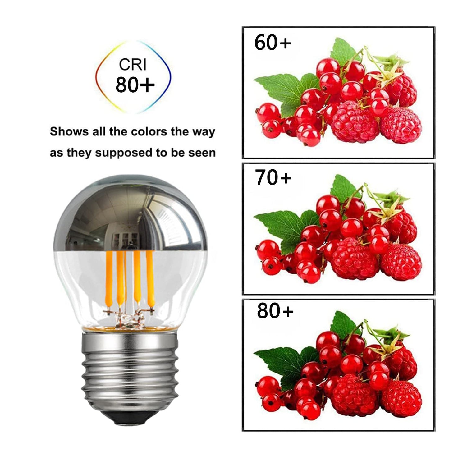 G45 G14 Half Chrome Light Bulb 4W Dimmable G45 Globe Silver Mirror Reflected Light 40W Equivalent Warm White 2700K Silver Tipped Mirror Light Bulb E26 Base Decorative LED Edison Bulb, 6 Pack
