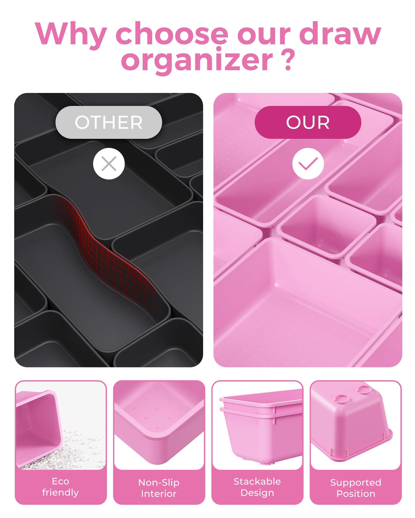 BiuLeon 25 PCS Plastic Drawer Organizers Set, 4-Sizes Vanity and Makeup Organizer, Desk and bathroom Drawer Organizer Trays, Organizers and Storage for Makeup, Jewelry, Gadgets, Utensils(Light Purple)