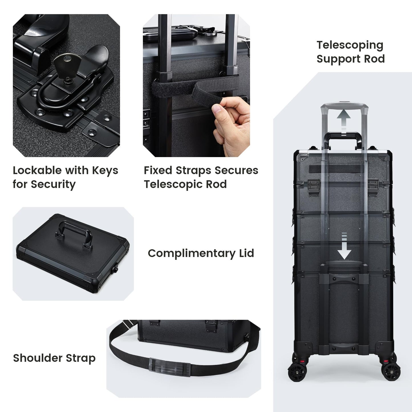 Rolling Makeup Case Makeup Train Case with Lid 5 in 1 Cosmetology Case on Wheels Cosmetic Trolley Organizer Large Makeup Organizers Case Profesional Cosmetic Case for Salon Barber Nail Beauty, Black
