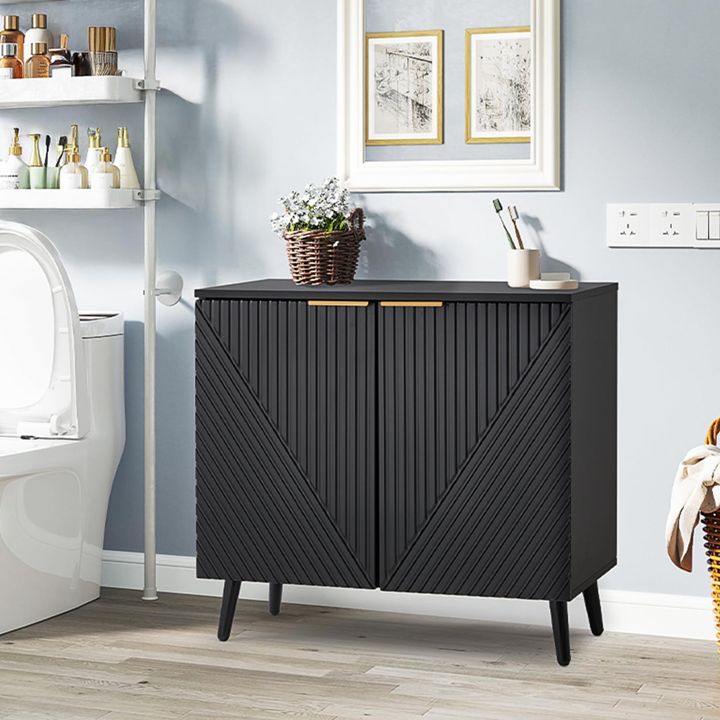 HOMHUM Fluted Black Storage Cabinet with Doors, Wood Sideboard Buffet Cabinet with Adjustable Shelf, Modern Accent Table for Living Room, Entryway