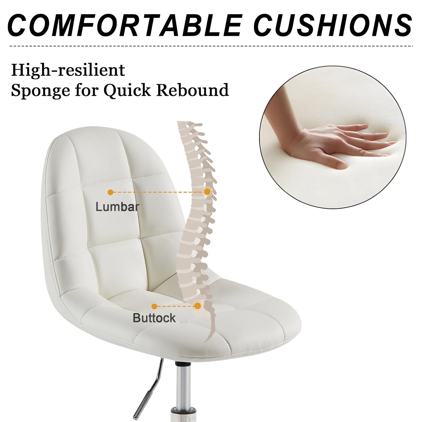 VECELO Stylish Height Adjustable Faux Leather Vanity Chair, Modern Swivel Makeup Chair with Rolling Wheels, Comfortable Padded Task Chair for Bedroom, Dressing Room & Home Office – White
