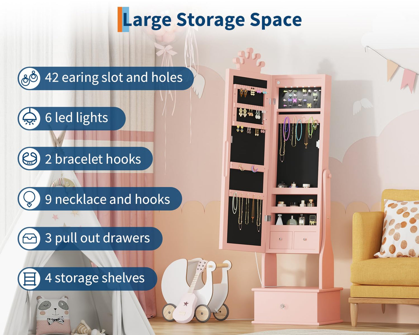 GarveeHome Kids Jewelry Armoire,Child Jewelry Cabinet with Led Light,Freestanding Jewelry Organizer with Full-Length Mirror,3 Storage Drawers,Kids Vanity Dress Up Jewelry Cabinet for Girls（light Pink