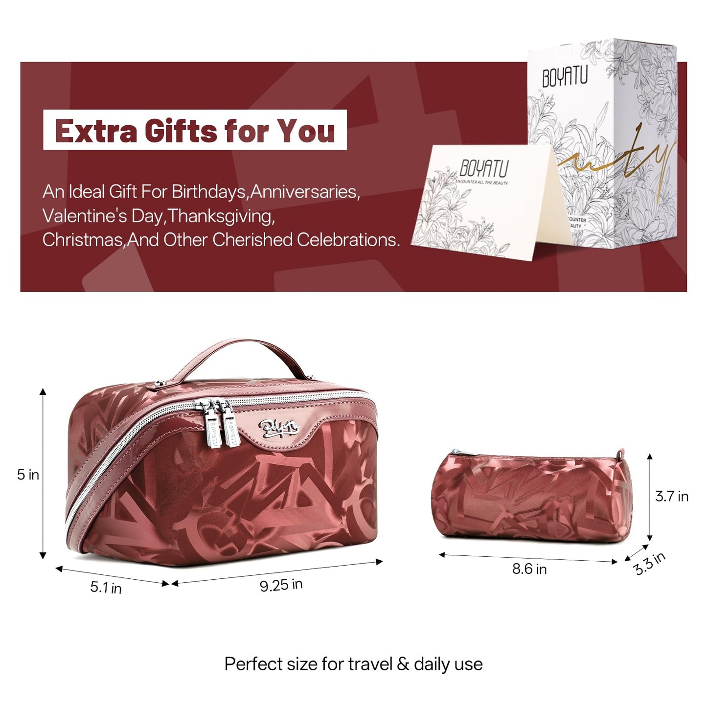 BOYATU Travel Makeup Bag for Women: Y2K Aesthetic Personalized Glossy 3 Pcs Set Cosmetic Organizer Bag - Trendy Statement Toiletry Pouches for Forward Women - Stand Out at Festivals & Trips(D-4-Red)