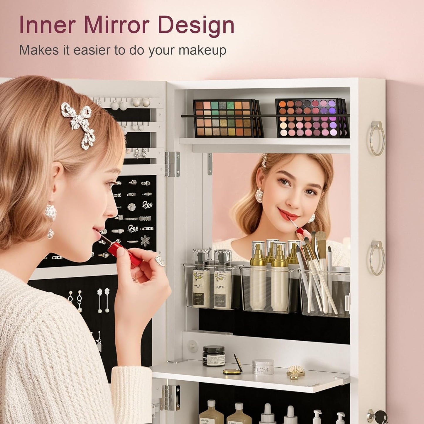 VECELO LED Jewelry Mirror Cabinet, Lockable Wall or Door Mounted Jewelry Armoire Organizer, Full Length with Storage, White