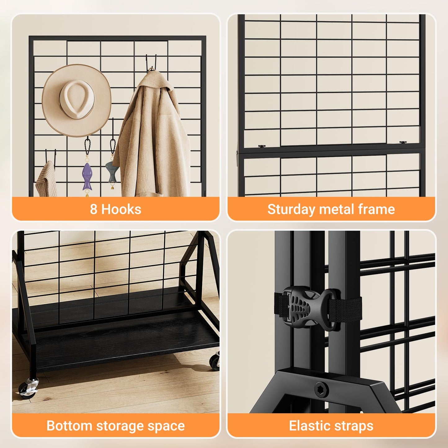 ELYKEN Foldable Grid Wall Panels 5.7' x 2' FT, Movable Wire Gridwall Display Rack with Wheels and Adjustable Foots, Retail Display Stand for Vendor with Storage (Black)