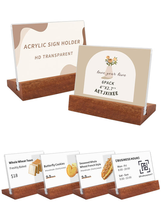 AetJxixee 6 Pack Horizontal Acrylic Sign Holder with Wood Base 3.94x2.76 Inch Clear Tabletop Label Holder for Retail Store/Hotel/Restaurant Product Tag Note Place Card Name Sign Display