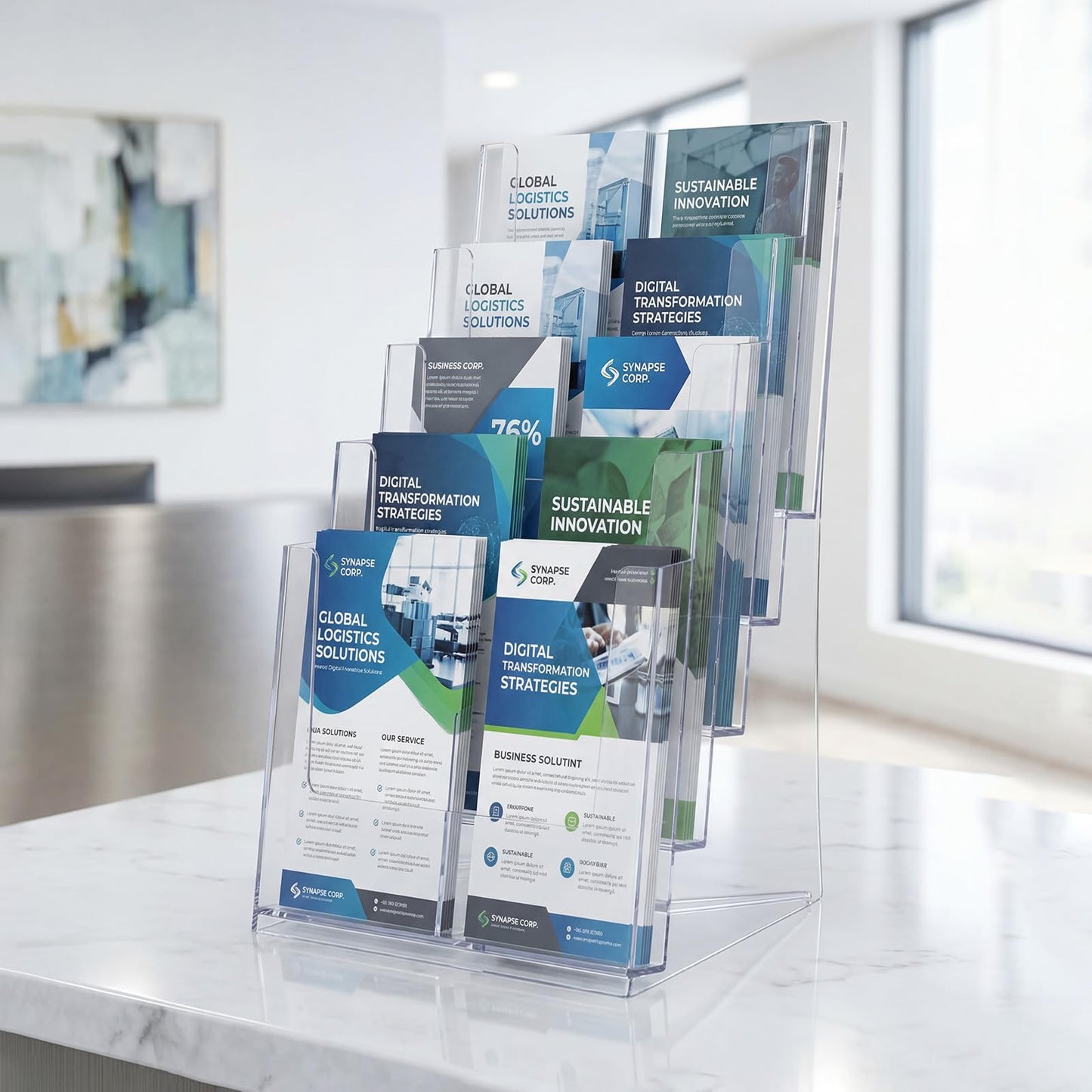 ForraFun 4 Pcs 5 Tier Acrylic Brochure Holder, 4 Inch Clear Brochure Display Stand Multi Pocket Pamphlet Holder Literature Rack Organizer Wall Mount or Countertop