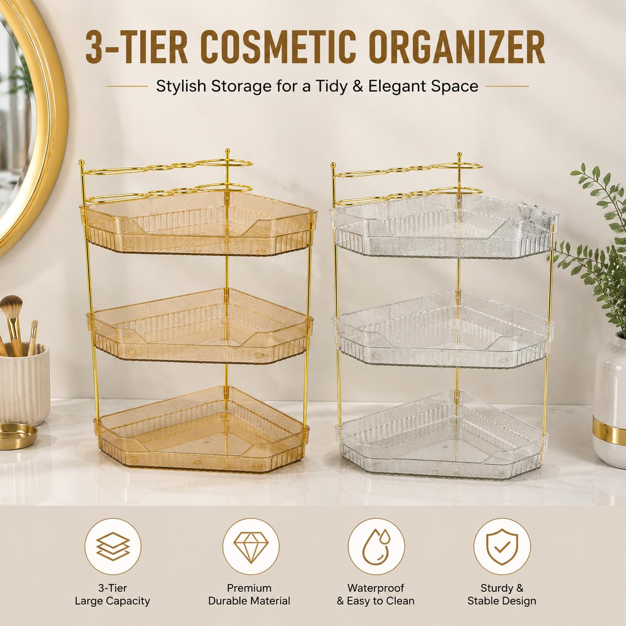 DSLWFQY Corner Bathroom Counter Organizer, 3-Tier Makeup Organizer with Brush Holder, Clear Silver Vanity Storage for Skincare, Cosmetics, Perfume & Dresser Countertop