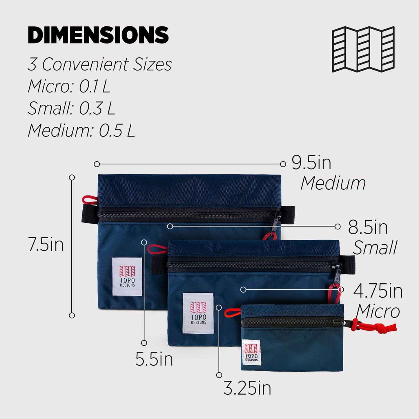 Topo Designs Accessory Bags, Travel Organizer Accessories for Smaller Items, Durable Storage Pouch, 3 Sizes, Fully Lined Pack Cloth (Small, Navy/Navy)