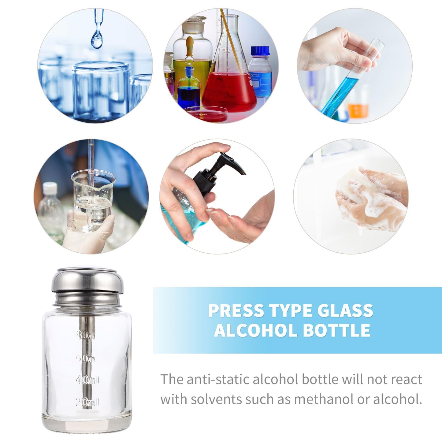 Luxshiny Nail Polish Remover Pump Bottle Glass Refillable Pressure Dispenser 3.62In Leak-Proof Portable for Home Cosmetic Liquid Storage