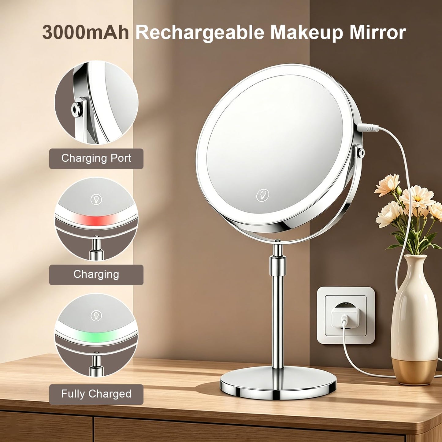 8.5" Makeup Mirror with Lights, 1X/20X Lighted Magnifying Mirror with 3 LED Lighting , 3000mAh Rechargeable Double Sided Vanity Mirrors Height Adjustable and Adjustable Brightness for Desk Women Gift