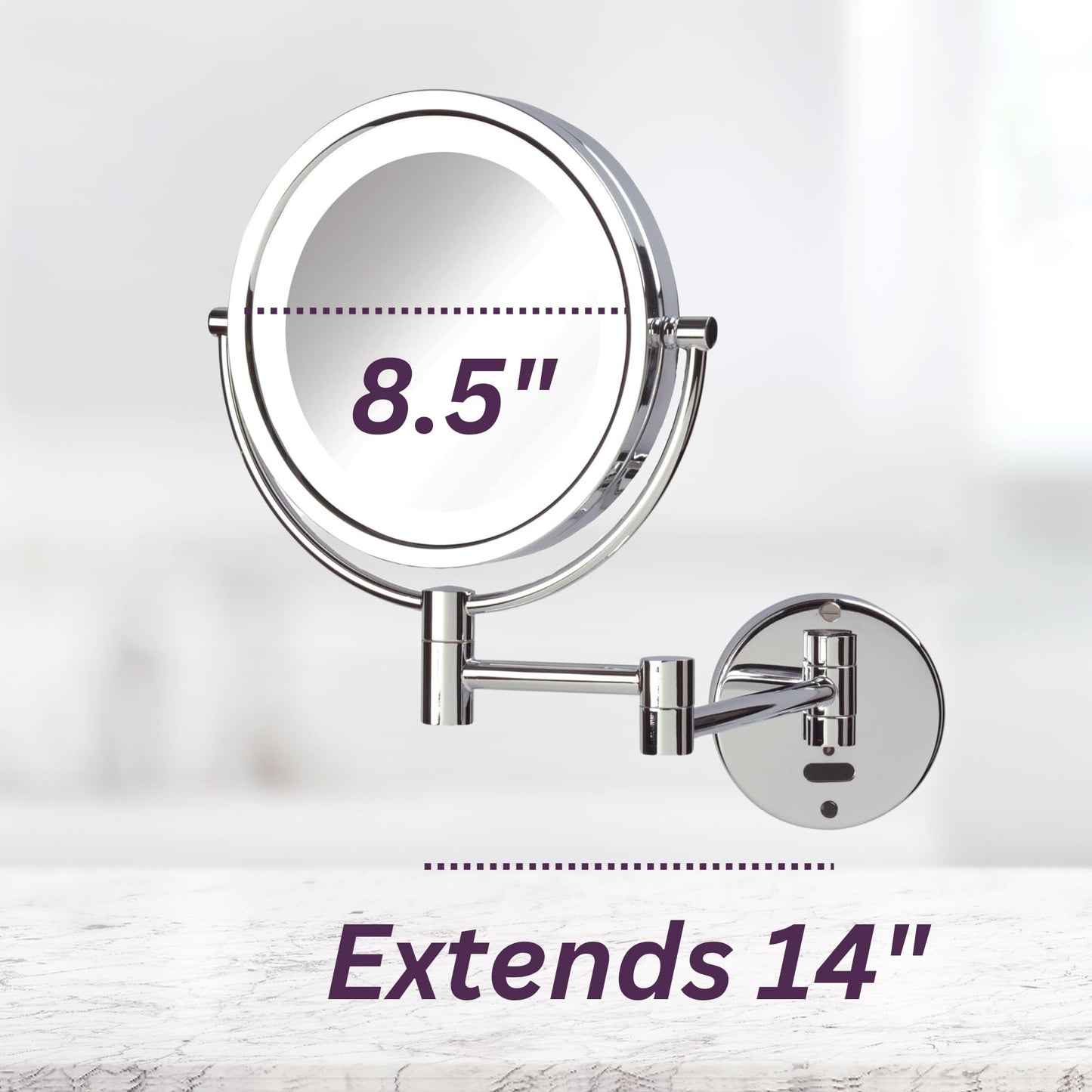JERDON Sharper Image Wall-Mounted Lighted Motion Sensor Makeup Mirror - 8X-1X Magnification - 8.5-Inch Diameter Mirror Extends 14” - Chrome Finish - Comes with 8’ Charging Cord - Model JRT9500CL