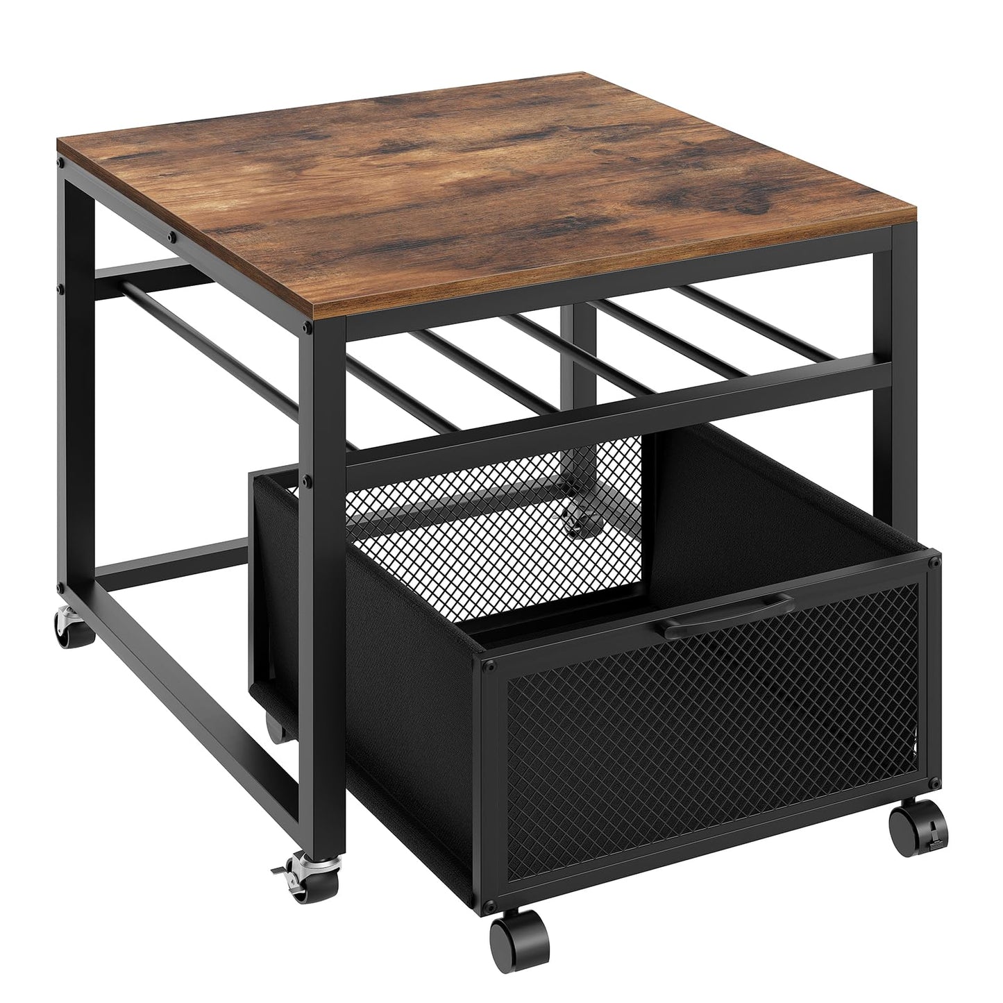MAHANCRIS Mini Fridge Stand with Storage, Mini Fridge Cabinet with Movable Basket Cart, Mini Fridge Shelf with Wine Rack, Mobile Printer Stand, Mini Fridge Table, Rustic Brown and Black RSHR5101