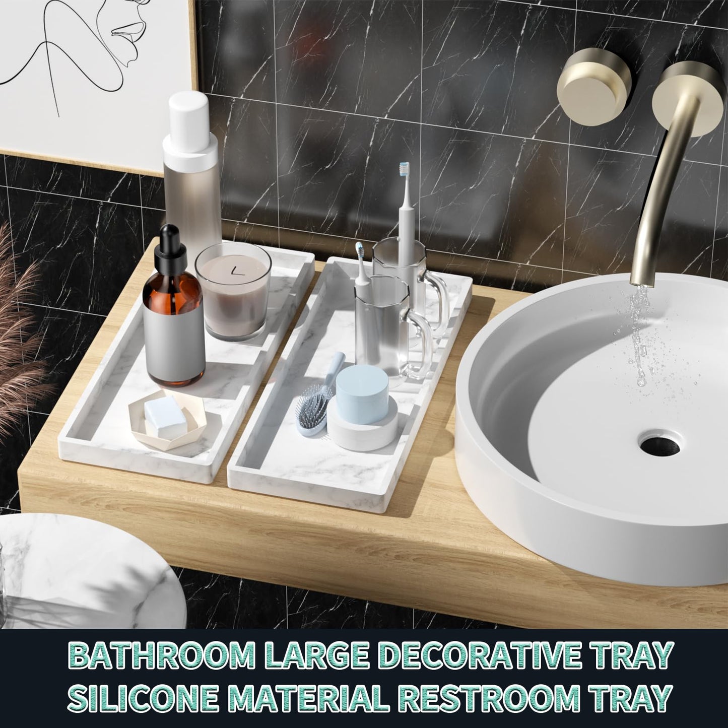 BBK Bathroom Vanity Tray 11.8 in- 2 Pack(Large) Silicone Bathroom Tray for Counter, Perfume Key Trinket Ring Tray, Decor Soap Dispenser Countertop Tray for Kitchen Sink Organization(Faux Marble Look)