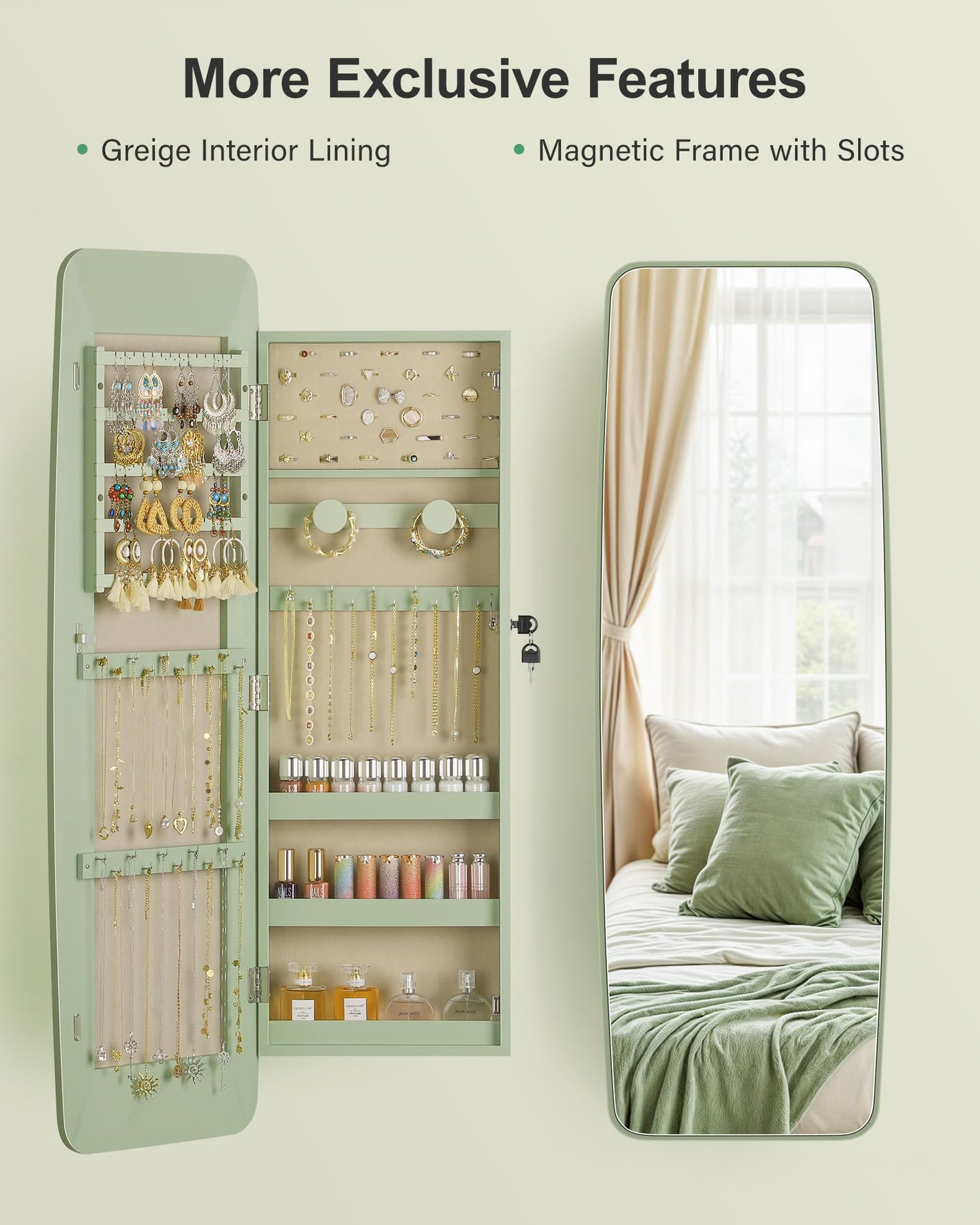 Nicetree Mirror Jewelry Cabinet, Rounded Jewelry Armoire Organizer, Wall or Door Mounted Jewelry Organizer with Storage, Lockable Wide Mirror with Jewelry Storage, Green
