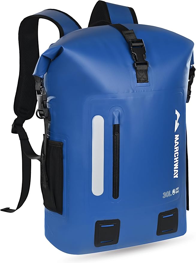 MARCHWAY Roll Top Waterproof Backpack, Floating Dry Bag 20L/30L/45L with Ergonomic Rectangular Base, Cushioned Back, Hip Strap for Hiking Camping Kayaking Travel (Blue, 20L)