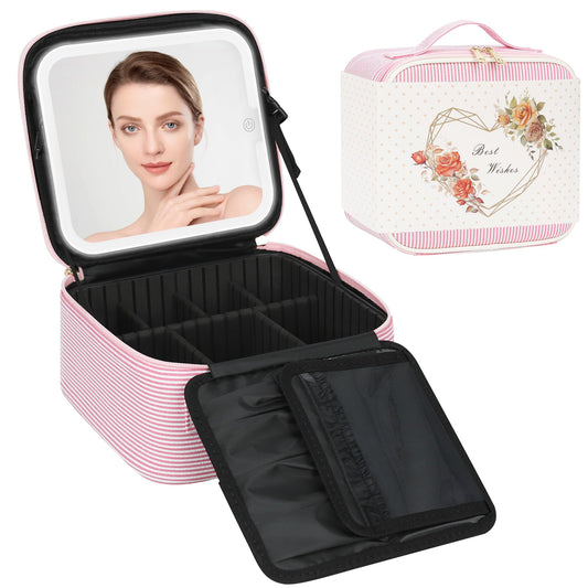 Relavel Travel Makeup Bag With LED Mirror, Portable Cosmetic Bag Organizer with Adjustable Brightness in 3 Color Scenarios, Small Cute Train Case with Detachable Dividers for Trip- Pink Strip