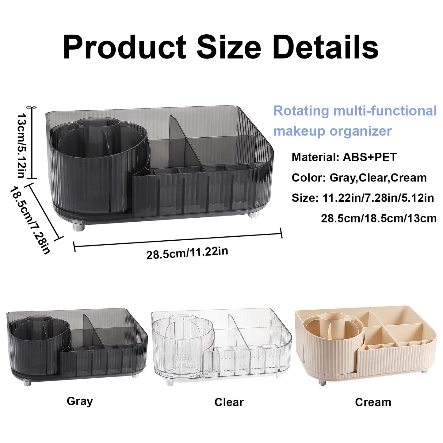 DASITON Large Capacity Makeup Organizer with 360° Rotating Makeup Brush Holder, Multi-Compartment Skincare and Cosmetic Storage for Vanity, Bathroom Countertop, Dresser, Desktop Storage Box (Gray)