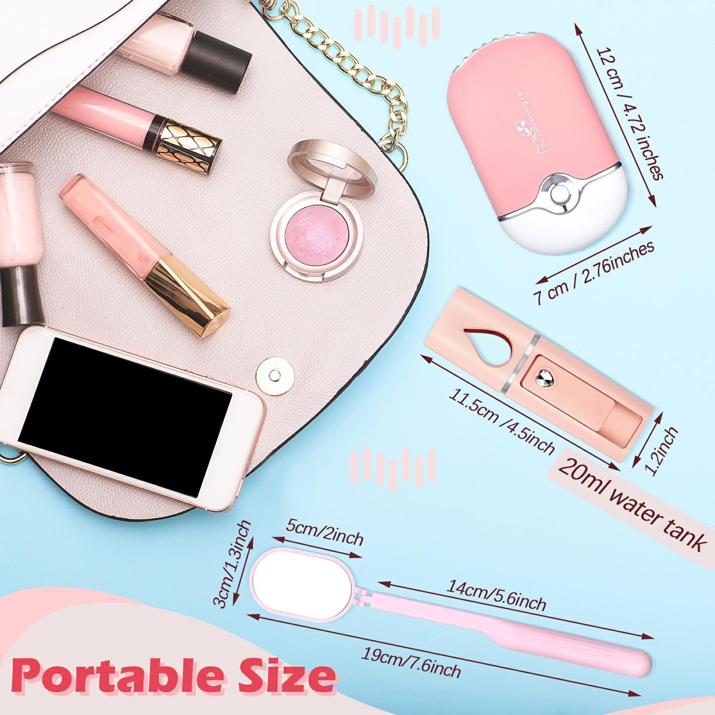 Honoson 3 Pcs Nano Mister for Lash Extensions Mini USB Lash Fan Dryer for Eyelash Extensions Handheld Eyelash Mirror Portable Facial Steamer 20 ml Water Tank(Heart Style,Pink)