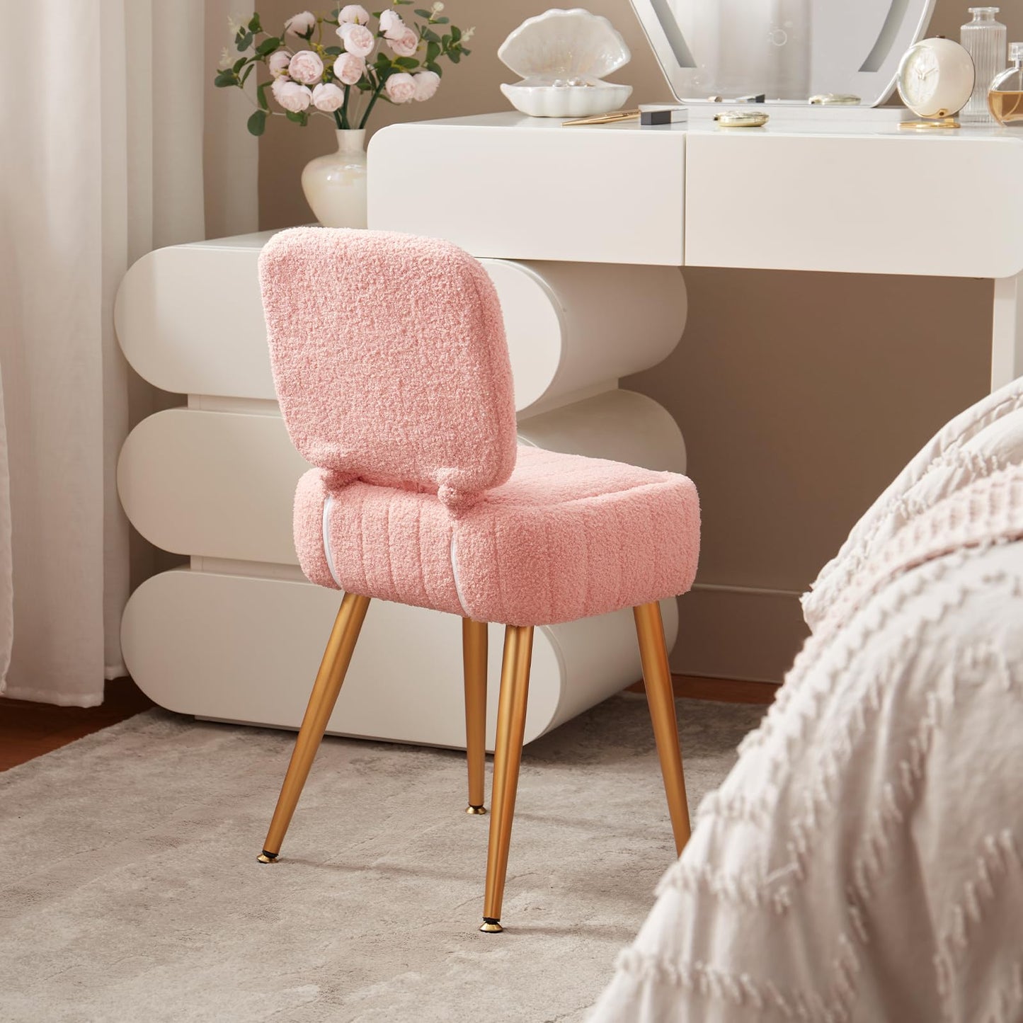 ZYKZYK Updated Vanity Chair, Storage Ottoman with Folding Back & Gold-Toned Metal Legs, Ottoman Seat with Teddy Velvet for Dressing Room Living Room Bedroom, 15" x 12" Inch