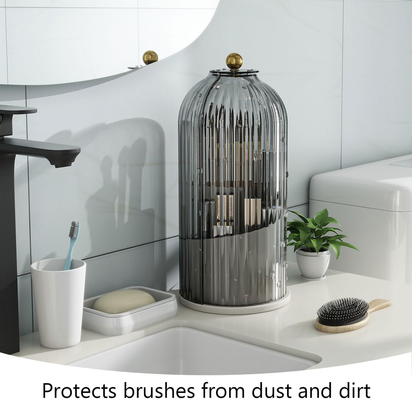 Emljkvp Makeup Brush Holder with Dustproof Cover 360 Rotating Makeup Brush Organizer for Vanity Bathroom, Grey