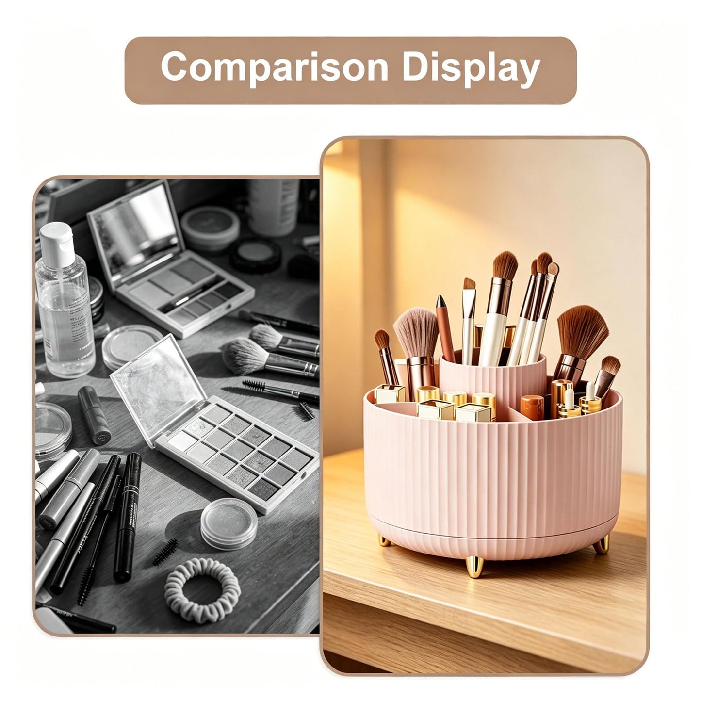 HJUHBDJ 360°Rotating Makeup Brush Holder Organizer, Pink Countertop Cosmetic Display Case, Spinning Skincare Storage Carousel for Vanity, Desktop & Bathroom
