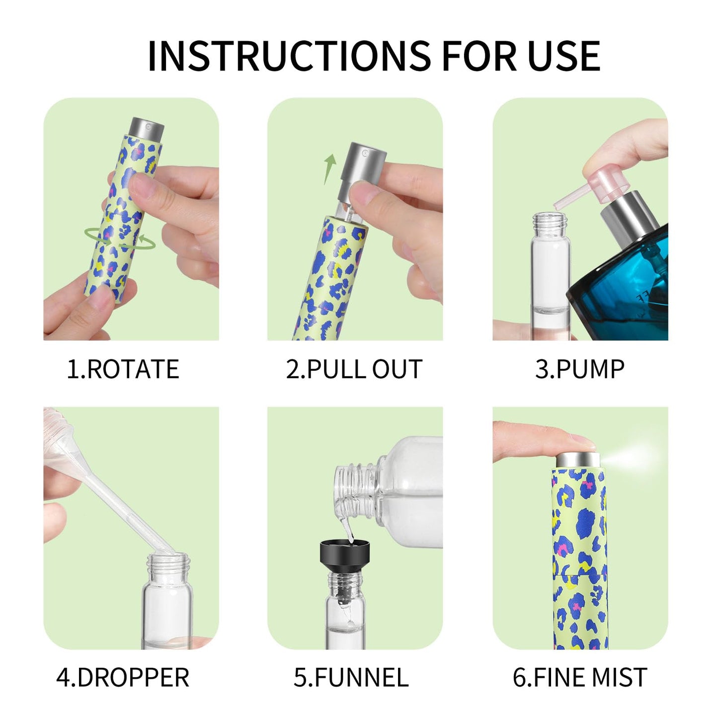 5Pcs 8ml Refillable Perfume Atomizer Bottle Set, Leak-Proof Portable Mini Perfume Spray Bottles with Funnel & Dropper, Leopard Print Travel Perfume Atomizer for Perfume, Cologne, Essential Oils