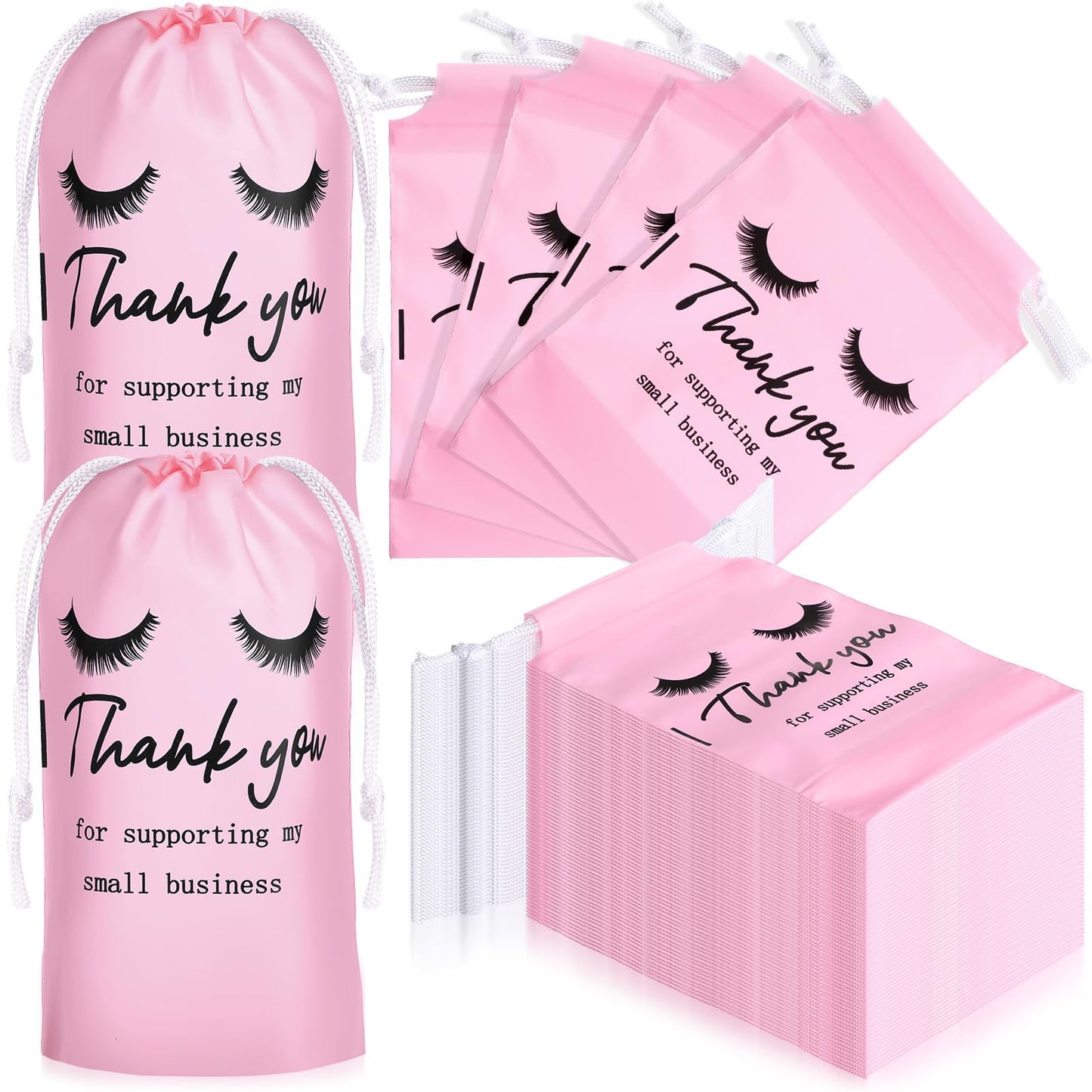 Abbylike 100 Pcs Thank You Bags for Small Business, Eyelash Aftercare Lash Bags Drawstring Makeup Pouch Eye Lash Print Cosmetic Sample Bag for Clients Women, 4x6 in(Pink)