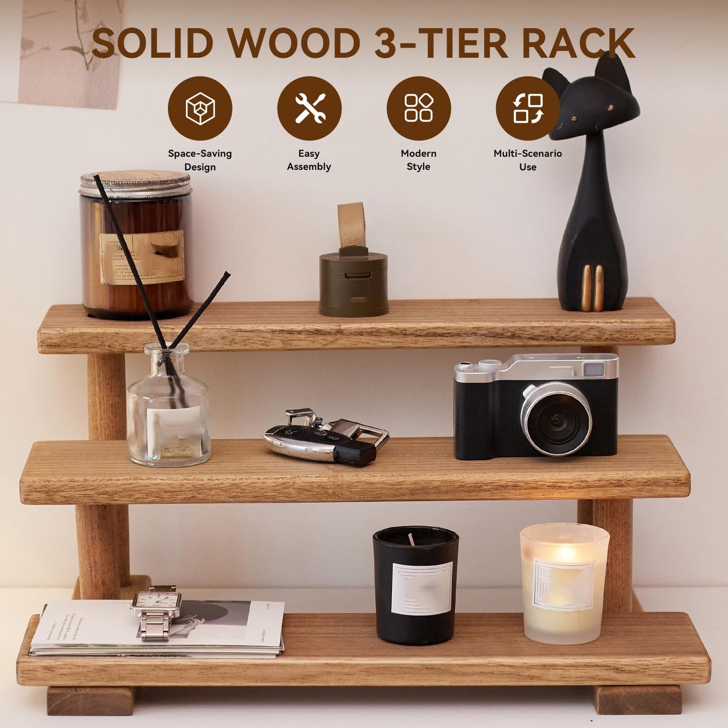 KIRIGEN 3-Tier Display Risers, Paulownia Wood Stand with Beech Wood Supports, Multifunctional Rack, Step Shelf Organizer for Kitchen, Vanity, Entryway for Spices, Cosmetics, Figurines, Cake ZST-DBR