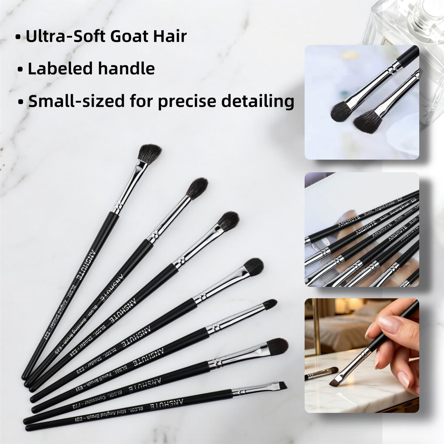 Anshute 7-Piece Natural Goat Hair Professional Eye Brush Set, Small size Bristles, Eyeshadow, Eyeliner, Concealer, Precise Makeup Application, Super Soft Bristles, Semi-matte Black Wood Handle