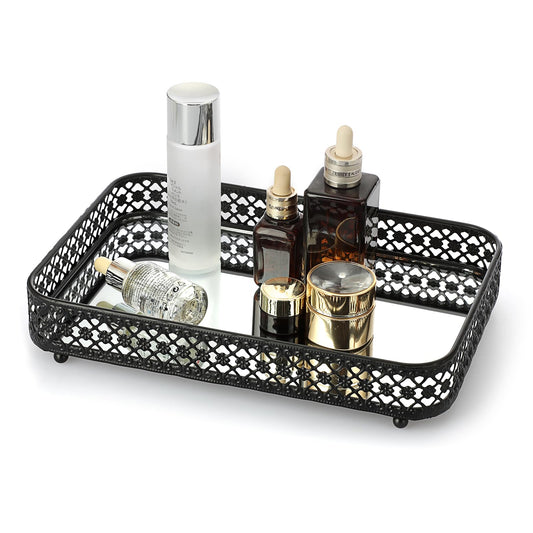 ELLDOO Black Perfume & Makeup Vanity Tray - Hollow-Carved Jewelry Storage, Glass & Metal Trinket Organizer for Dresser & Bathroom Countertop, Medium Size