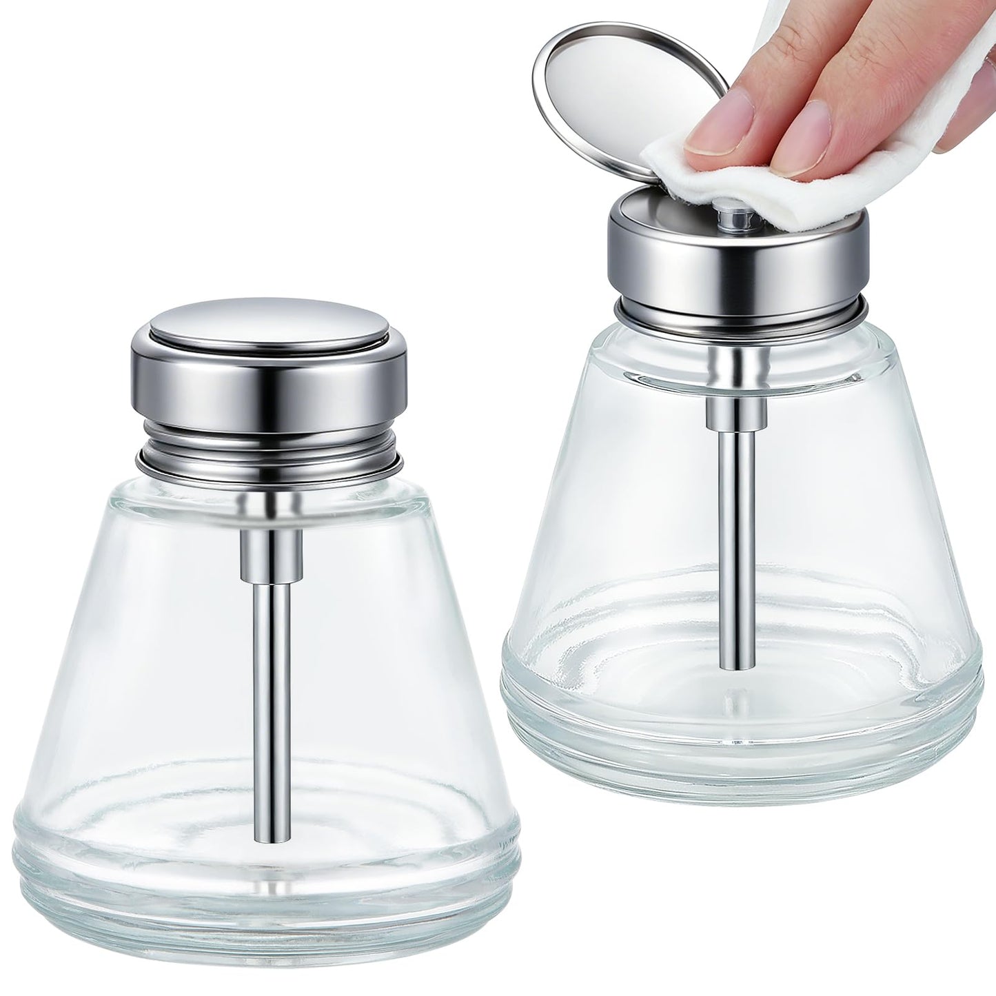 2 PCS 6Oz / 180ml Glass Acetone Pump Dispenser, Cone Alcohol Dispenser Push Down Nail Bottle Pump for Makeup, Acetone Bottle Dispenser for Nail Polish Remover Push Down Pump Dispenser w/Flip Top Cap