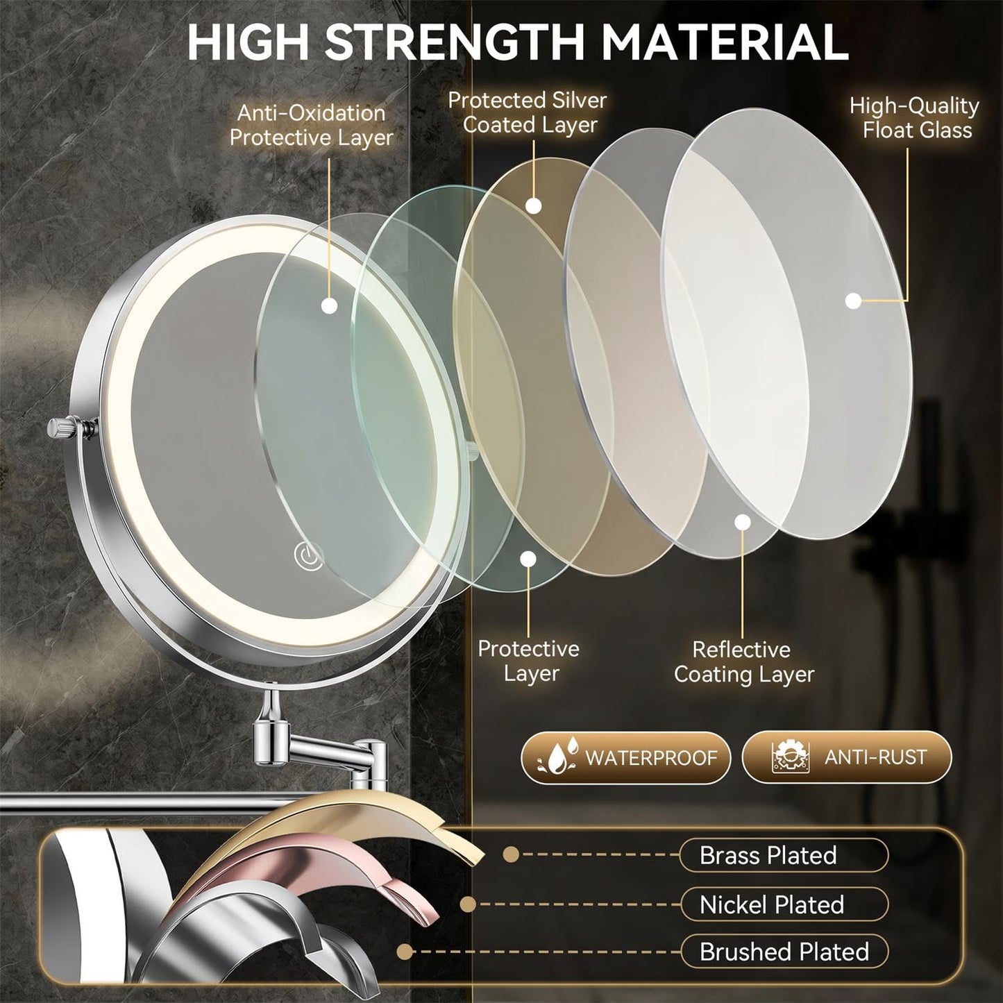Auxmir 8'' Wall Mounted Lighted Makeup Mirror, 3200mAh Rechargeable Double-Sided 1X/20X Magnifying Mirror with Light, Touch Dimmable 3 Color Light, 360° Rotation Foldable Extended Arm, Chrome