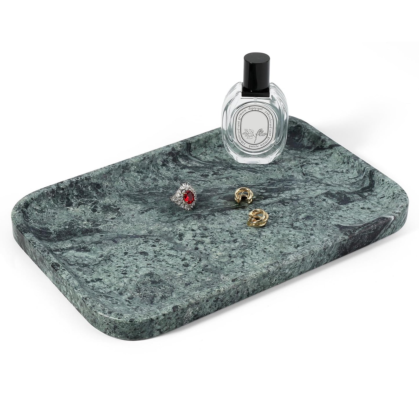 Koville Marble Tray, 12"x8" Marble Vanity Tray for Countertop Bathroom Kitchen Dresser, Decorative Catchall Trays for Perfume Jewelry, Rectangular Stone Serving Tray(Green)