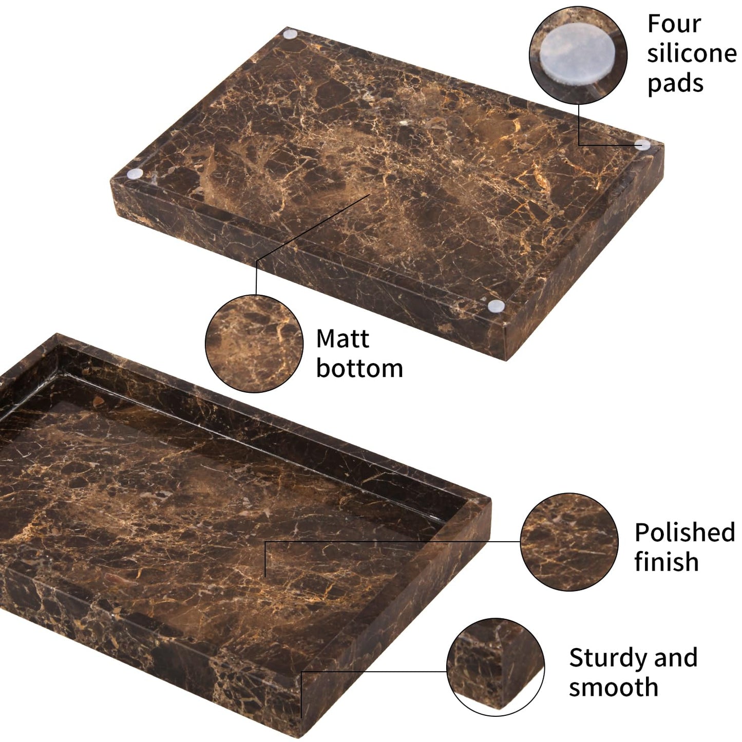 Marble Bathroom Vanity Tray, Natural Luxury Vanity Home Kitchen Bathroom Table Tray, Stone Decorative Countertop Dresser Trays for Key Coffee Perfume Jewelry Makeup (Dark Brown, 12"x 8" x1.2")