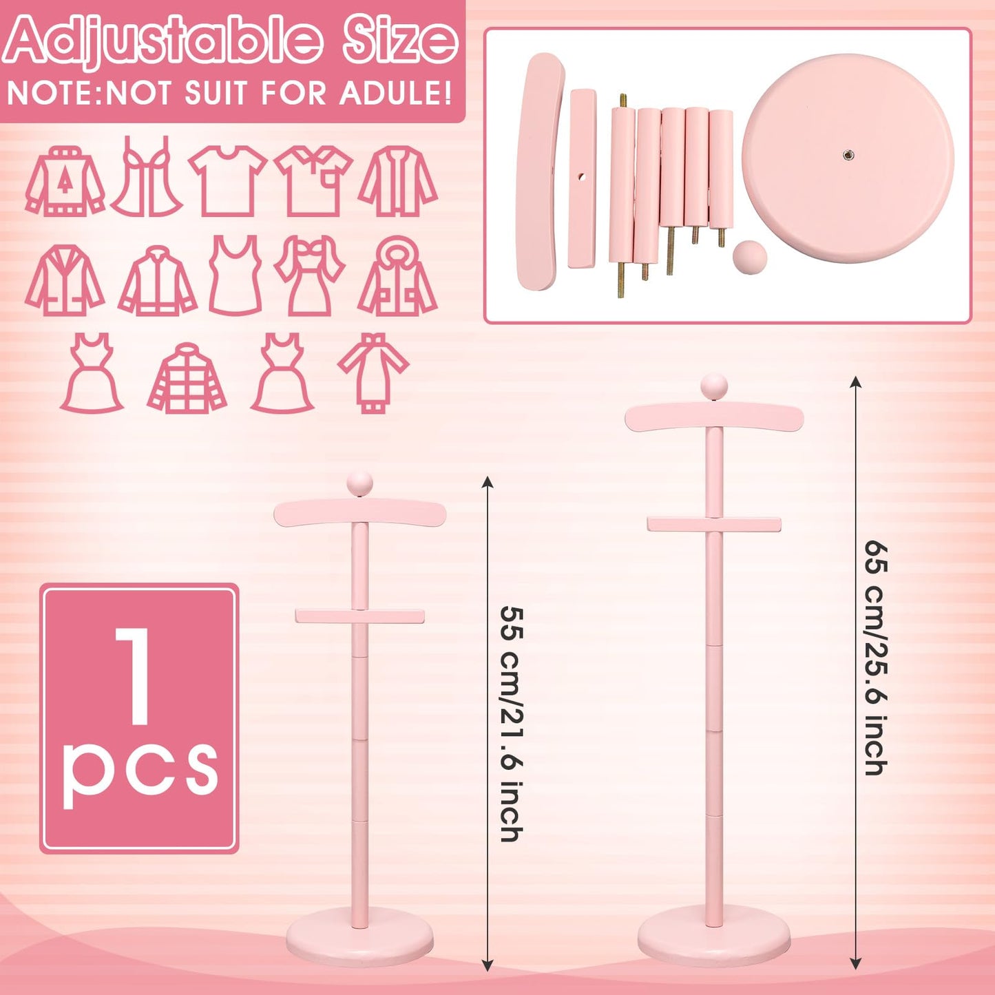Bucherry 2 Pack Baby Clothes Display Stand Wooden Baby Shower Centerpiece Adjustable Height Circle Shaped Dress Hanger Doll Dress Outfit Stand Rack Hand Assembled Hangers Display Set (Pink Color)