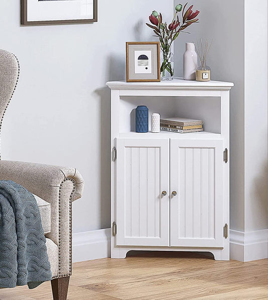 UTEX Bathroom Corner Storage Cabinet, Small Floor Corner Cabinet with Doors and Adjustable Shelves, Freestanding Narrow Storage Organizer for Bathroom, Kitchen, Living Room, White
