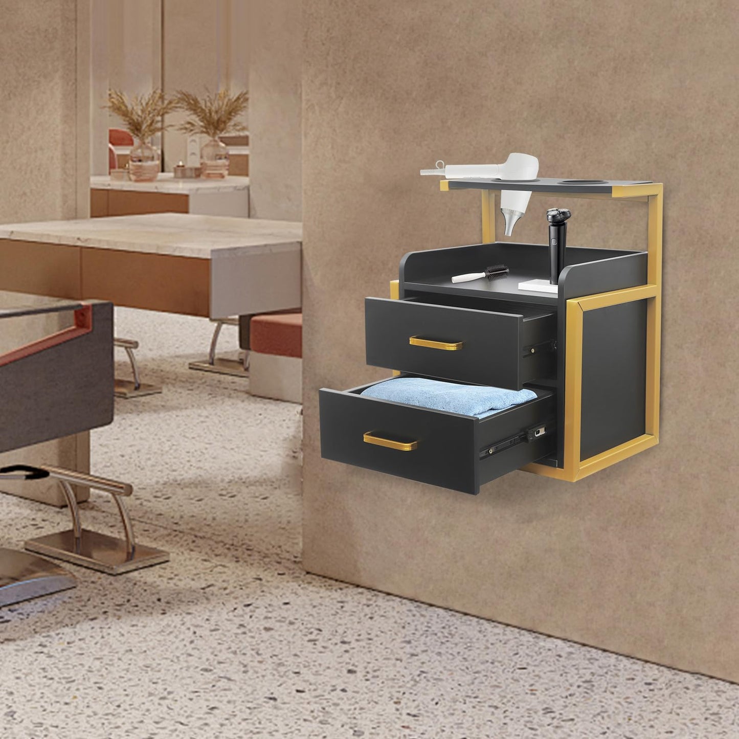 Eapmic Salon Cabinet with Drawers, Suspended Salon Wall Cabinet, Salon Stations Salon Table with 2 Drawers, Stylist Storage Cabinet Beauty Station with 2 Hair Dryer Holders (Gold＋Black)
