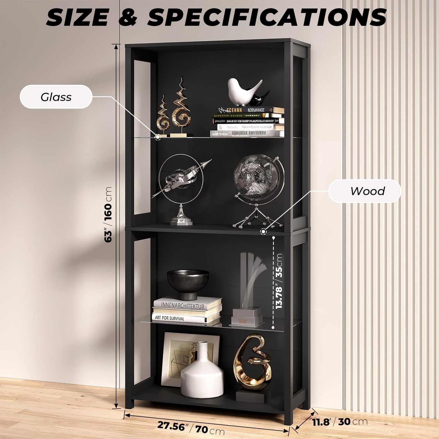 Aauro Home Display Cabinet with Glass Shelves, 4-Tier Display Shelf with LED Lights, Glass Display Case with Removable Shelves, Curio Cabinet for Collectibles, Black