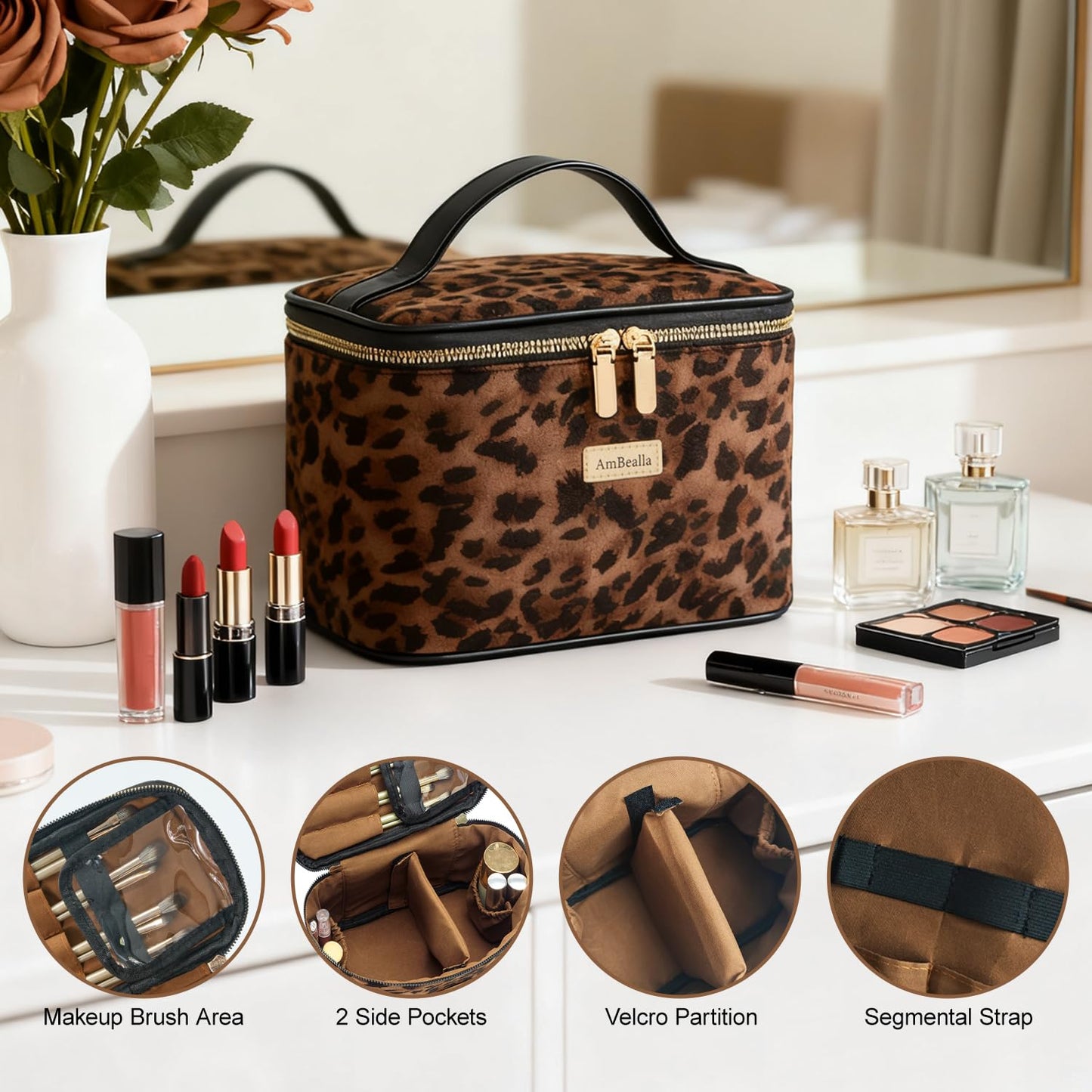 AmBealla Large Makeup Travel Bag Cosmetic Bags with Makeup Mirror and Brush Holder,Makeup Organizer Leopard Print for Women,Portable Toiletry Bag for Fashion Girls