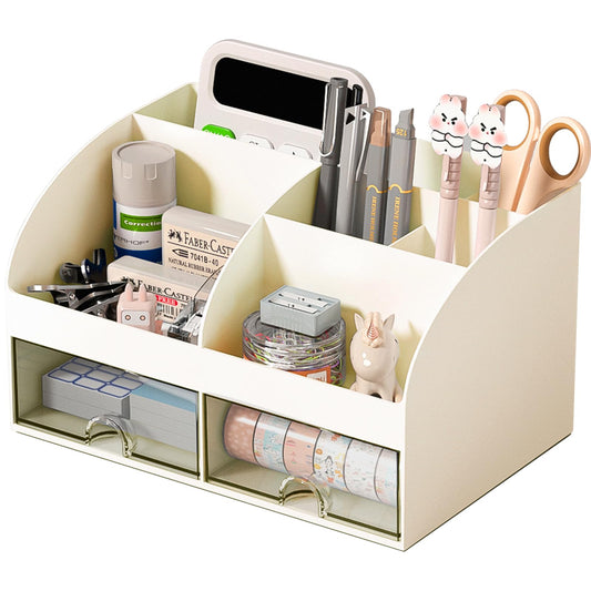 COMFYROOM Desk Organizer with 6 Compartments and 2 Drawers, Plastic Makeup Organizer, Pen Holder for Desktop Storage, Desk Organization for School, Home, Office Supplies (Ivory)