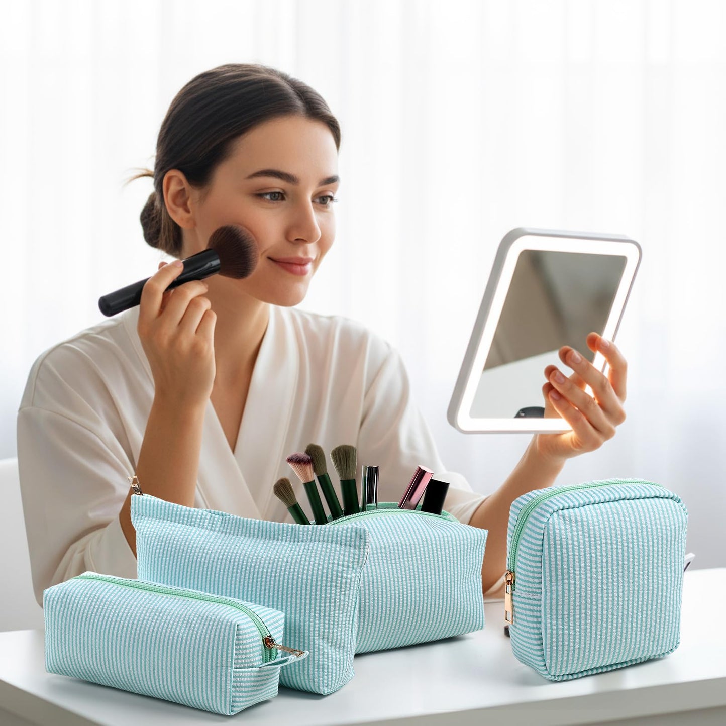 Sanwuta 4 Pcs Seersucker Pouch Cosmetic Bag Set Seersucker Makeup Bag Women Stripe Large Travel Toiletry Organizer Aesthetic Preppy Storage for Embroidery Women Bridesmaid Gifts(Light Blue)