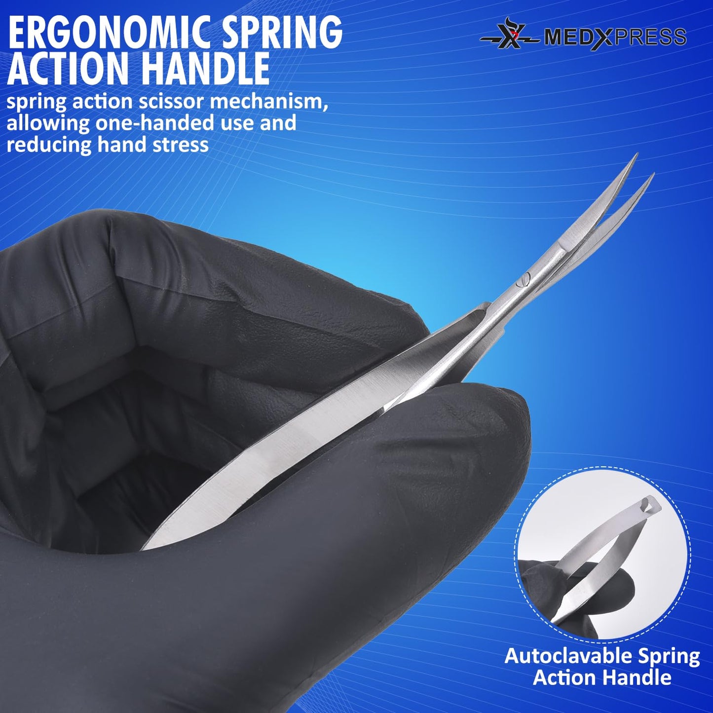 Medxpress Set of 3 Micro Scissors 4.5” Curved Embroidery Scissor Stainless Steel Trimming for Eyebrows and Eyelashes Extra Sharp Grooming Scissors Spring Action Sewing Arts & Crafts Squeeze scissors.