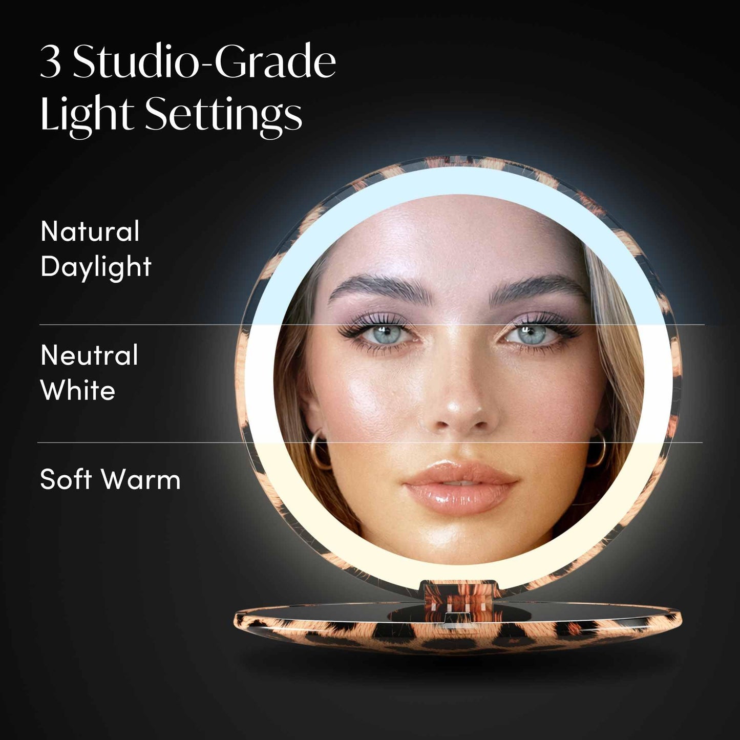 Fancii Taylor LED Lighted Travel Makeup Mirror, Rechargeable, 10x /1x Magnifying, Tru-Glow Lighting System, XL Large 5” Wide | Compact Mirror for Purses (Cheetah Chic)